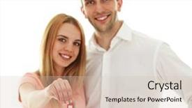  Presentation with house key - Colorful PPT theme enhanced with attractive young couple showing new house key isolated on white backdrop and a soft green colored foreground