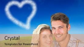  Presentation with hill - Beautiful PPT theme featuring attractive young couple smiling at camera against green hill under blue sky backdrop and a coral colored foreground