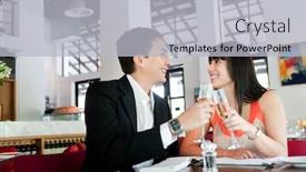  Presentation with restaurant toasting - PPT theme with attractive young couple toasting with white wine in a restaurant background and a light gray colored foreground