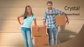  Presentation with bleached - Presentation theme enhanced with attractive young couple with moving boxes against bleached wooden planks background background and a coral colored foreground
