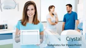  Presentation with dental assistant - Amazing presentation having attractive young dental assistant holding backdrop and a light blue colored foreground
