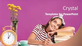  Presentation with taking notes - Amazing PPT layouts having attractive young girl sitting at the desk isolated over pink background doing homework taking notes looking up backdrop and a coral colored foreground