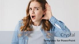  Presentation with hear - PPT layouts featuring attractive young girl standing isolated over white background trying to hear rumors background and a light blue colored foreground
