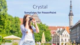  Presentation with old young - Audience pleasing presentation theme consisting of attractive-young-girl-traveling backdrop and a sky blue colored foreground