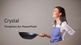  Presentation with frying - Beautiful presentation theme featuring attractive young lady holding a frying pan backdrop and a light gray colored foreground