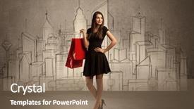  Presentation with city silhouette - Beautiful PPT layouts featuring attractive young lady standing with red shopping bags in front of drawn city landscape silhouette concept backdrop and a coral colored foreground