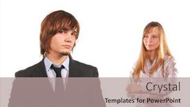  Presentation with focus - Slides enhanced with attractive-young-man-and-girl and a coral colored foreground