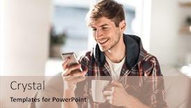  Presentation with sms - Colorful slide deck enhanced with attractive-young-man-drinking-coffee backdrop and a coral colored foreground