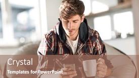  Presentation with sms - PPT theme having attractive-young-man-drinking-coffee background and a coral colored foreground