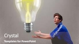  Presentation with realistic - Audience pleasing PPT layouts consisting of attractive young man holding realistic 3d light bulb backdrop and a gray colored foreground