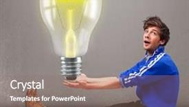  Presentation with realistic - Audience pleasing presentation theme consisting of attractive young man holding realistic 3d light bulb backdrop and a coral colored foreground