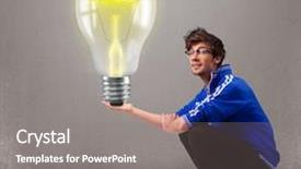  Presentation with realistic - Theme with attractive young man holding realistic 3d light bulb background and a gray colored foreground