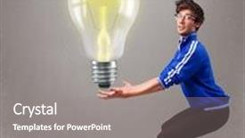  Presentation with realistic - Slide set consisting of attractive young man holding realistic 3d light bulb background and a gray colored foreground