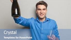  Presentation with champagne - Amazing presentation design having attractive young man holding a bottle of champagne in his right hand and two glasses in his left hand backdrop and a teal colored foreground