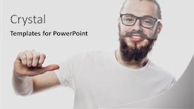  Presentation with advertising - Theme consisting of attractive young man in eyeglasses pointing to his blank white tshirt with index finger showing empty space for your advertising text or logo statning isolated on white background background and a light gray colored foreground