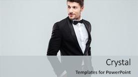  Presentation with tie - Audience pleasing PPT theme consisting of black tie event - attractive young man in tuxedo backdrop and a light gray colored foreground