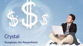  Presentation with dollar signs - Beautiful PPT theme featuring attractive young man sitting on cloud next to cloud dollar signs backdrop and a sky blue colored foreground