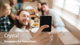  Presentation with mobile home - Presentation theme featuring attractive young man taking a selfie photo with friends in the kitchen while having lunch together at home focus on mobile phone background and a coral colored foreground