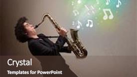  Presentation with young children playing multicultural - Beautiful presentation design featuring attractive young musician playing on saxophone while musical notes exploding backdrop and a tawny brown colored foreground