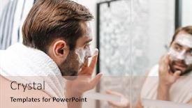  Presentation with facial - Colorful PPT theme enhanced with attractive young shirtless man applying facial cream while standing at the bathroom mirror backdrop and a coral colored foreground