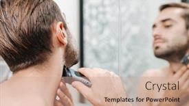  Presentation with razor - Presentation theme with attractive young shirtless man shaving while standing at the bathroom mirror using electrical razor background and a coral colored foreground