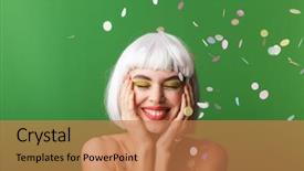  Presentation with green gold and white - Slide deck featuring attractive young topless woman wearing background and a coral colored foreground