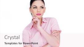  Presentation with upwards - PPT theme featuring attractive young woman deep in thought standing with her hand to her chin staring upwards with a slight frown as she tries to remember something isolated on white background and a lemonade colored foreground