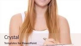  Presentation with survey - Presentation design having attractive young woman doing survey all on white background background and a coral colored foreground