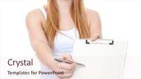  Presentation with survey - Cool new PPT theme with attractive young woman doing survey all on white background backdrop and a lemonade colored foreground