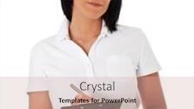  Presentation with survey - Slide set with attractive young woman doing survey all on white background background and a soft green colored foreground