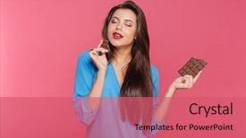  Presentation with eating - Amazing slides having attractive young woman eating chocolate backdrop and a coral colored foreground
