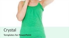  Presentation with bad news - Slide deck with attractive young woman getting bad news during phone call all on white background background and a seafoam green colored foreground