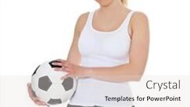  Presentation with sports wear - Slide deck featuring attractive young woman in sports wear holding soccer ball all on white background background and a light gray colored foreground