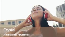  Presentation with music headphones - PPT theme consisting of attractive young woman listen music background and a coral colored foreground