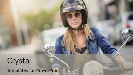  Presentation with city - Cool new PPT theme with attractive young woman riding scooter backdrop and a light gray colored foreground