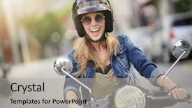  Presentation with safety - Presentation featuring attractive young woman riding scooter background and a light gray colored foreground