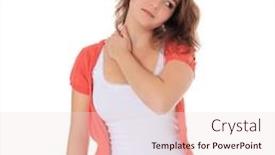  Presentation with pain - Audience pleasing slide deck consisting of attractive young woman suffering from neck pain all on white background backdrop and a lemonade colored foreground