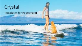  Presentation with ocean wave - Cool new PPT layouts with attractive young woman surfing with her dog riding wave together in ocean surfing dog backdrop and a light blue colored foreground