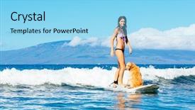  Presentation with ocean wave - Audience pleasing PPT theme consisting of attractive young woman surfing with her dog riding wave together in ocean surfing dog backdrop and a light blue colored foreground