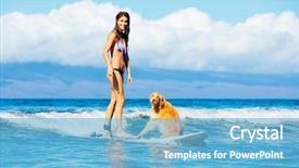  Presentation with ocean wave - PPT theme enhanced with attractive young woman surfing with her dog riding wave together in ocean surfing dog background and a light blue colored foreground