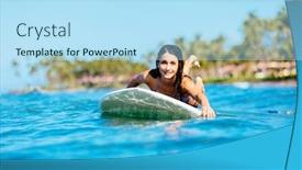  Presentation with surfing - Presentation design consisting of attractive young woman surfing in hawaii paddling out to the lineup background and a light blue colored foreground