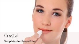 Presentation with lip balm - PPT layouts enhanced with attractive young woman using lip balm all on white background background and a lemonade colored foreground