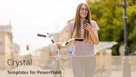  Presentation with cycling - Beautiful PPT theme featuring attractive-young-woman-using-smartphone backdrop and a lemonade colored foreground