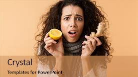  Presentation with lemon and ginger tea - Amazing PPT theme having attractive young woman wearing winter backdrop and a  colored foreground