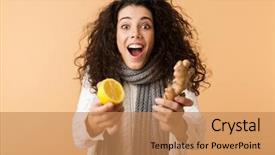  Presentation with lemon and ginger tea - Beautiful slide deck featuring attractive young woman wearing winter backdrop and a  colored foreground
