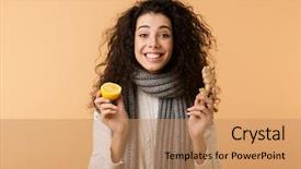  Presentation with ginger lemon drink - PPT theme with attractive young woman wearing winter background and a  colored foreground