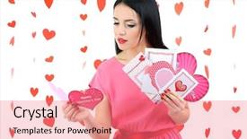  Presentation with valentine - Cool new slide set with attractive young woman with cards backdrop and a coral colored foreground
