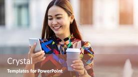  Presentation with coffee - Colorful presentation theme enhanced with attractive-young-woman-with-smartphone backdrop and a coral colored foreground