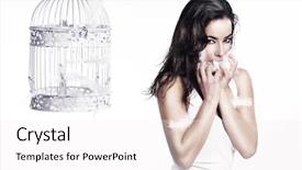  Presentation with birdcage - Colorful presentation theme enhanced with attractive young woman with white feathers in hands and mouth stand beside an empty birdcage backdrop and a white colored foreground