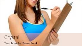  Presentation with survey - Slide set featuring attractive young woman writes with a clipboard researcher survey or student taking notes background and a coral colored foreground